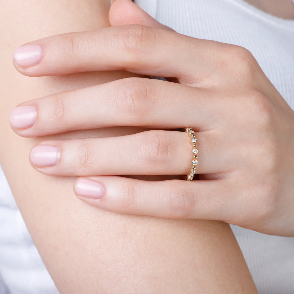 Diamond Bezel Station 14K Yellow Gold Beaded Stacking Band