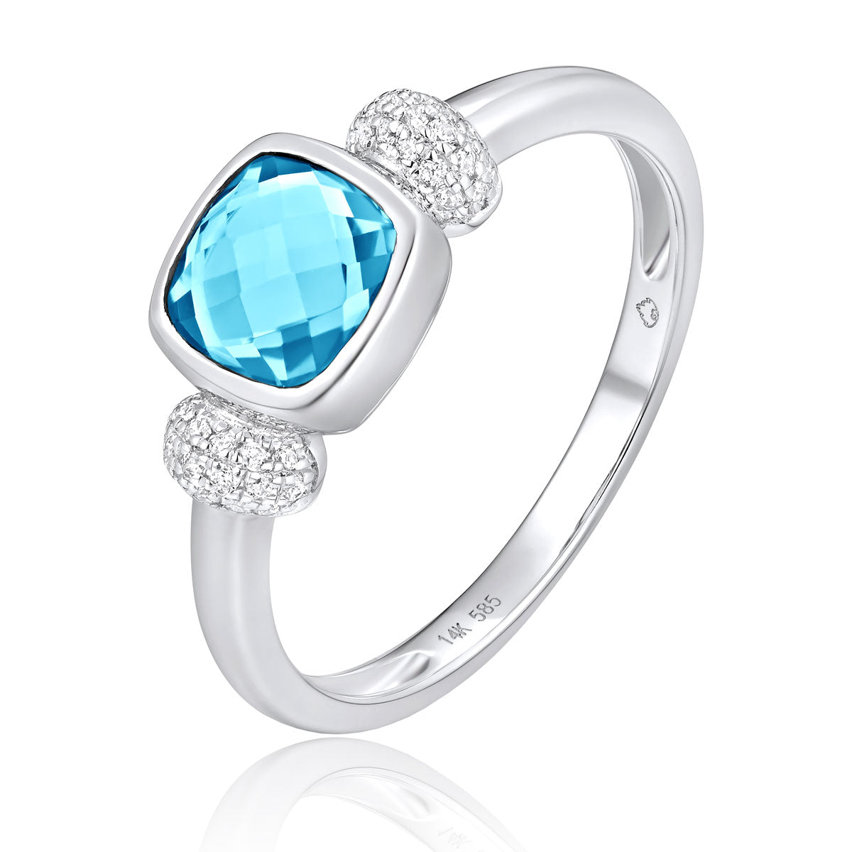 Cushion Blue Topaz & Diamond Pavé 14K White Gold Ring