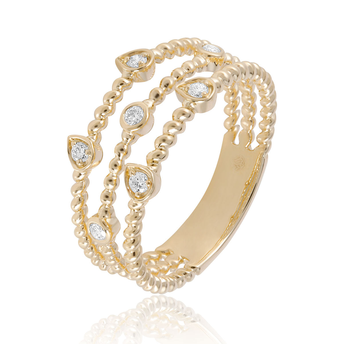Diamond Accent 14K Yellow Gold Beaded Triple Row Ring