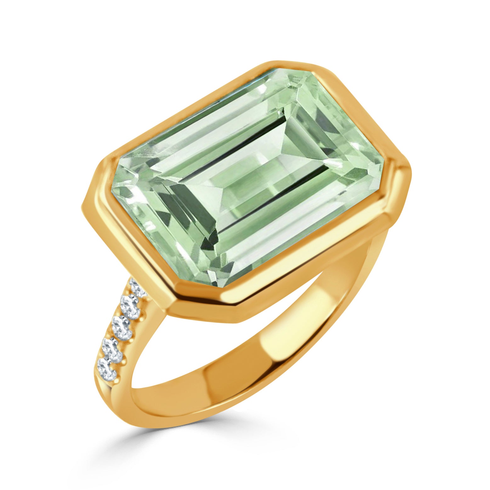 Emerald Cut Green Amethyst & Pavé Diamond 18K Gold Ring
