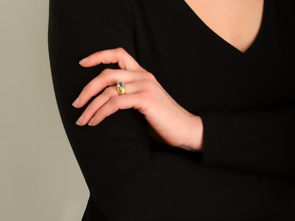 Elizabeth Locke Cushion Aquamarine Triad Ring