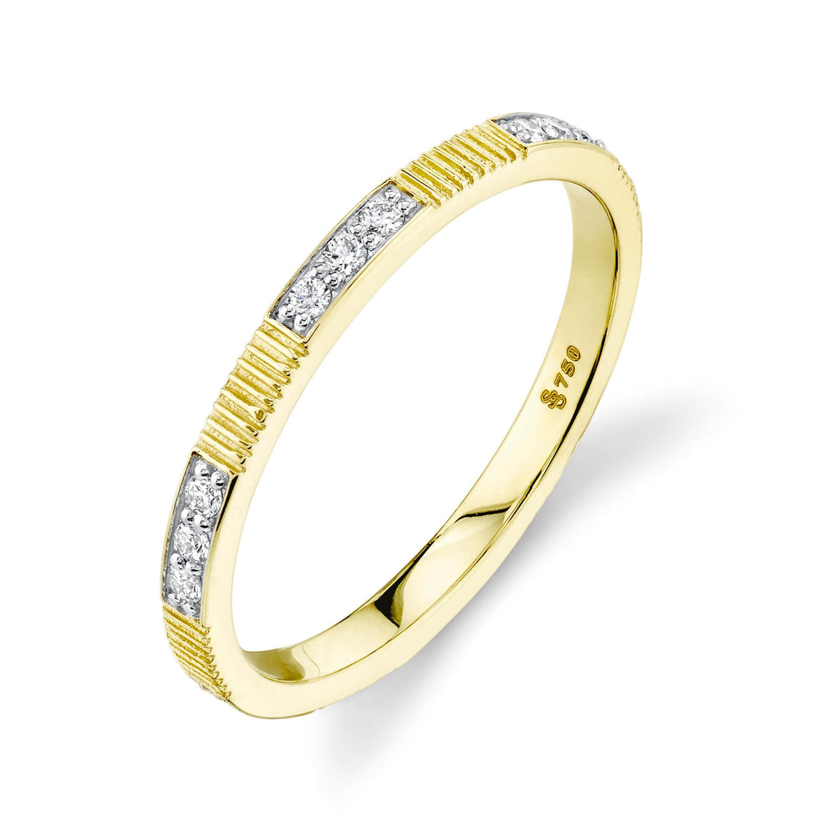 Sloane Street 18K Gold Strie Stacker Band with Triple Diamond Stations