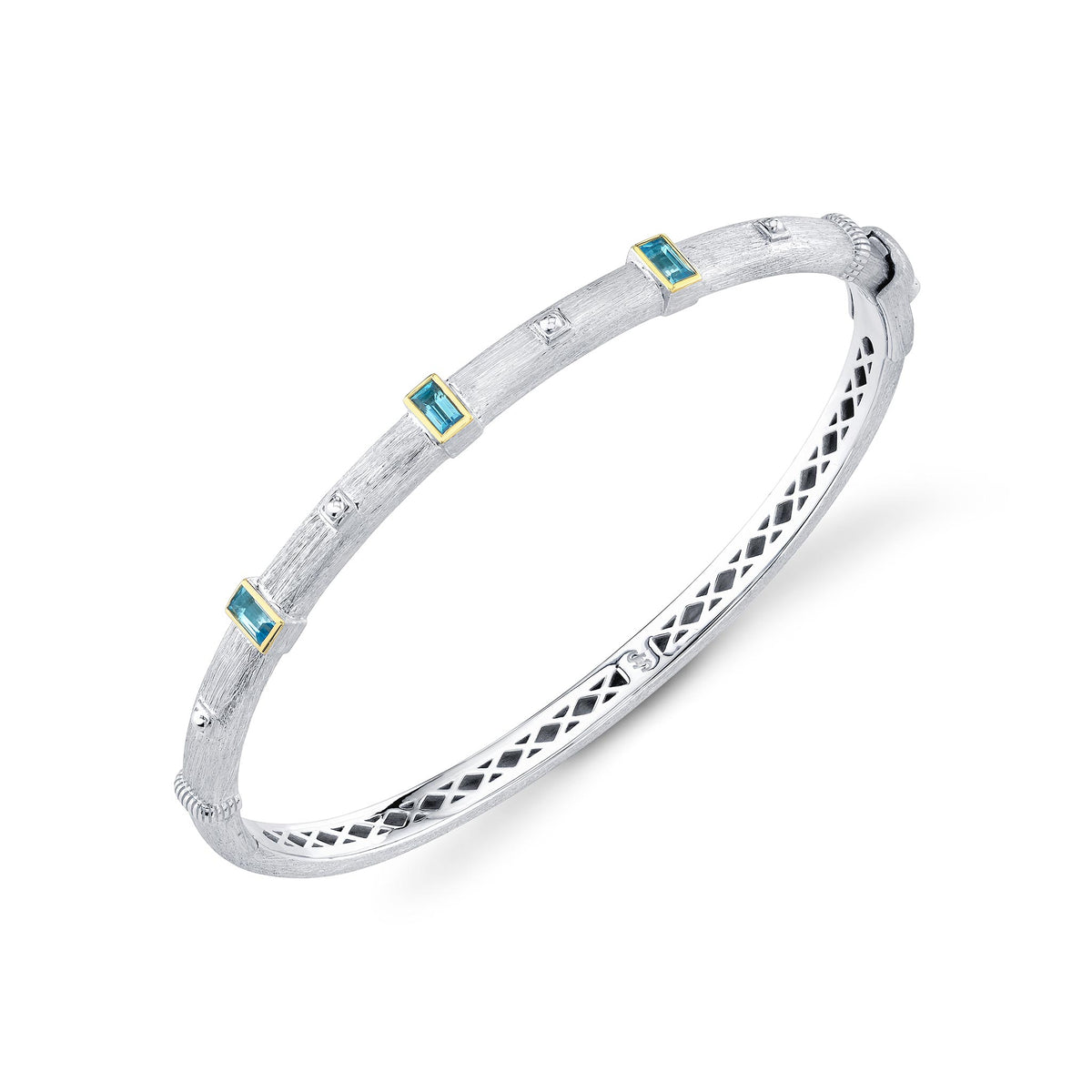 Sloane Street Sterling Silver Baguette Blue Topaz Bolt Bangle with 18K Gold Bezels