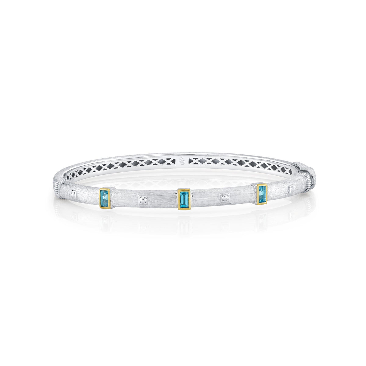 Sloane Street Sterling Silver Baguette Blue Topaz Bolt Bangle with 18K Gold Bezels