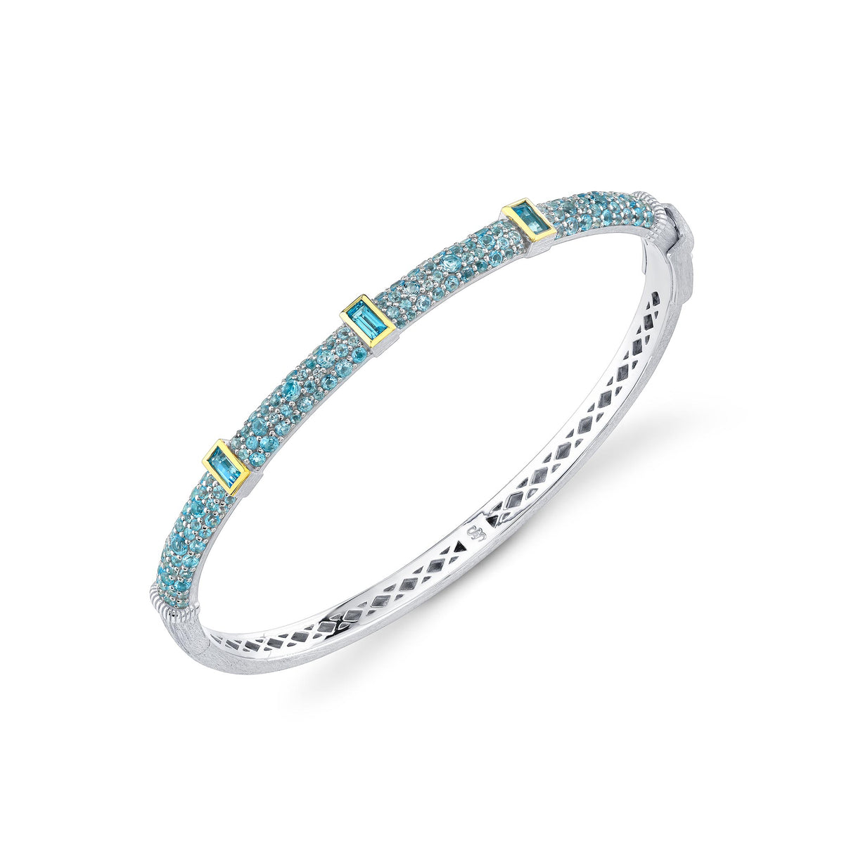 Sloane Street Sterling Silver Baguette & Pavé Blue Topaz Bangle with 18K Gold Bezels
