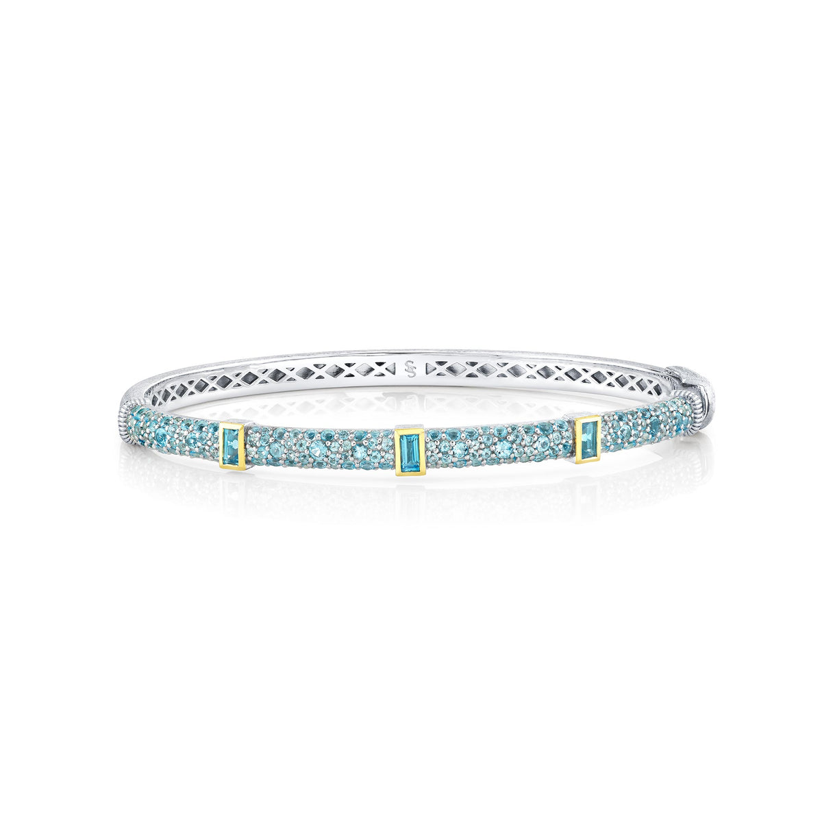 Sloane Street Sterling Silver Baguette & Pavé Blue Topaz Bangle with 18K Gold Bezels