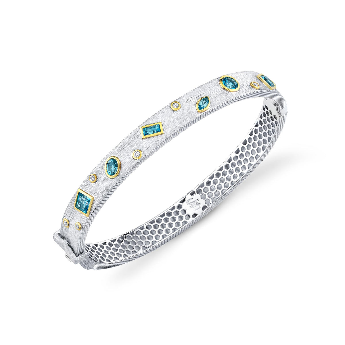 Sloane Street Sterling Silver Mix Shape Blue Topaz Bangle with 18K Gold Bezels