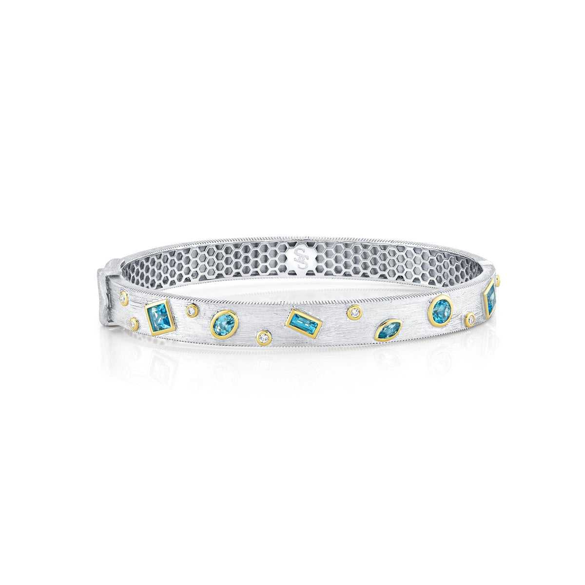 Sloane Street Sterling Silver Mix Shape Blue Topaz Bangle with 18K Gold Bezels