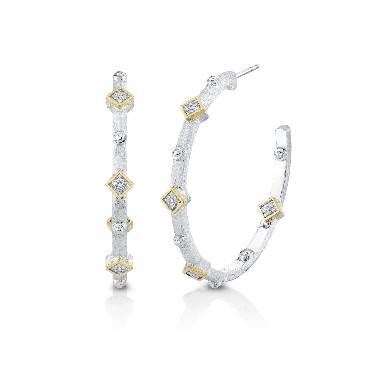 Sloane Street Sterling Silver Diamond Bolt Hoops with 18K Gold Bezels 40mm