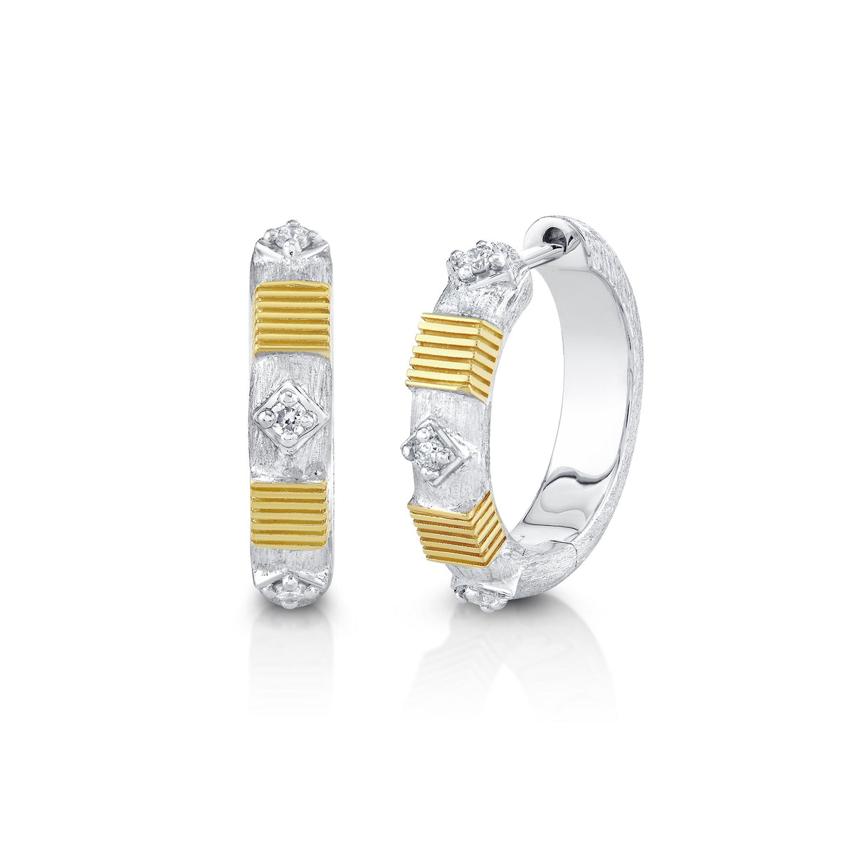 Sloane Street Sterling Silver Diamond Hoops with 18K Gold Strie Stations 12mm