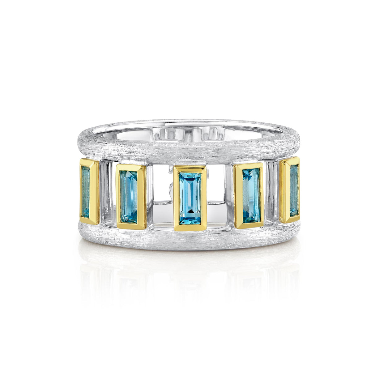 Sloane Street Sterling Silver Baguette Blue Topaz Band with 18K Gold Bezels