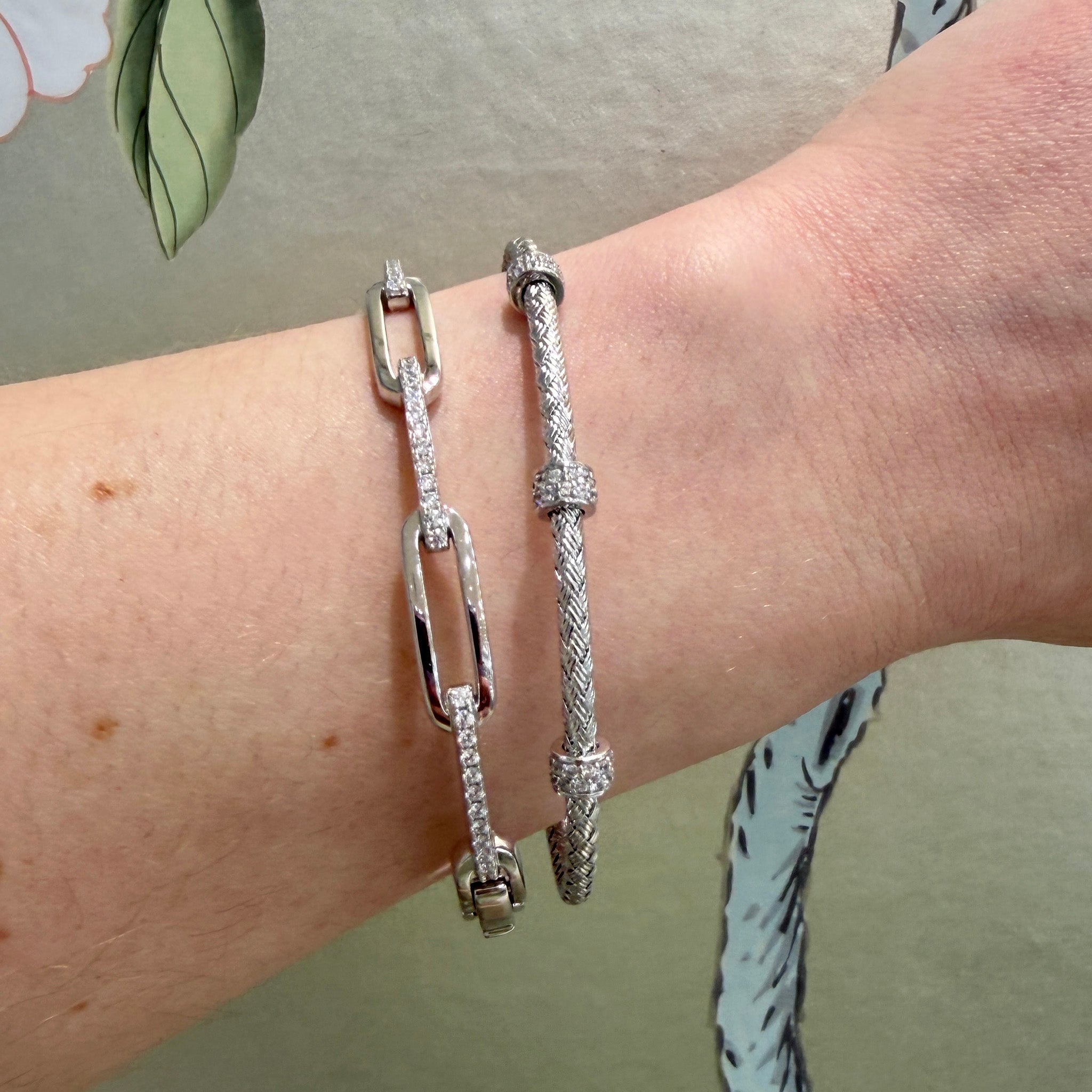 Charles Garnier CZ Rhodium Plated Silver Paperclip Link Bangle