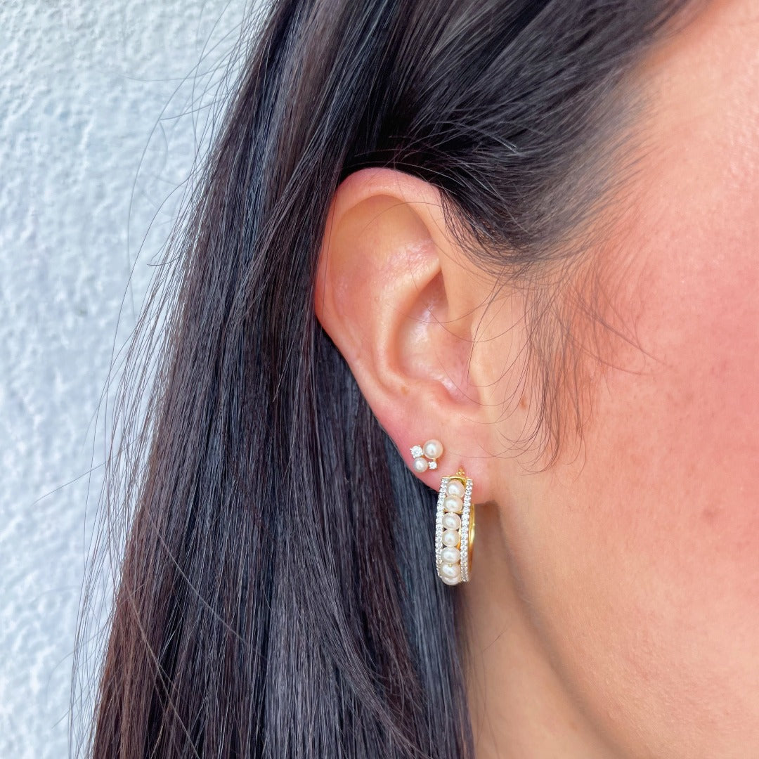 CZ Gold Plated Silver 2.5mm Pearl Hoop Earrings