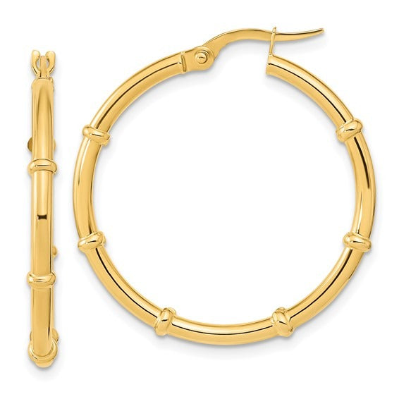 14K Yellow Gold 2x28mm Bamboo Hoop Earrings