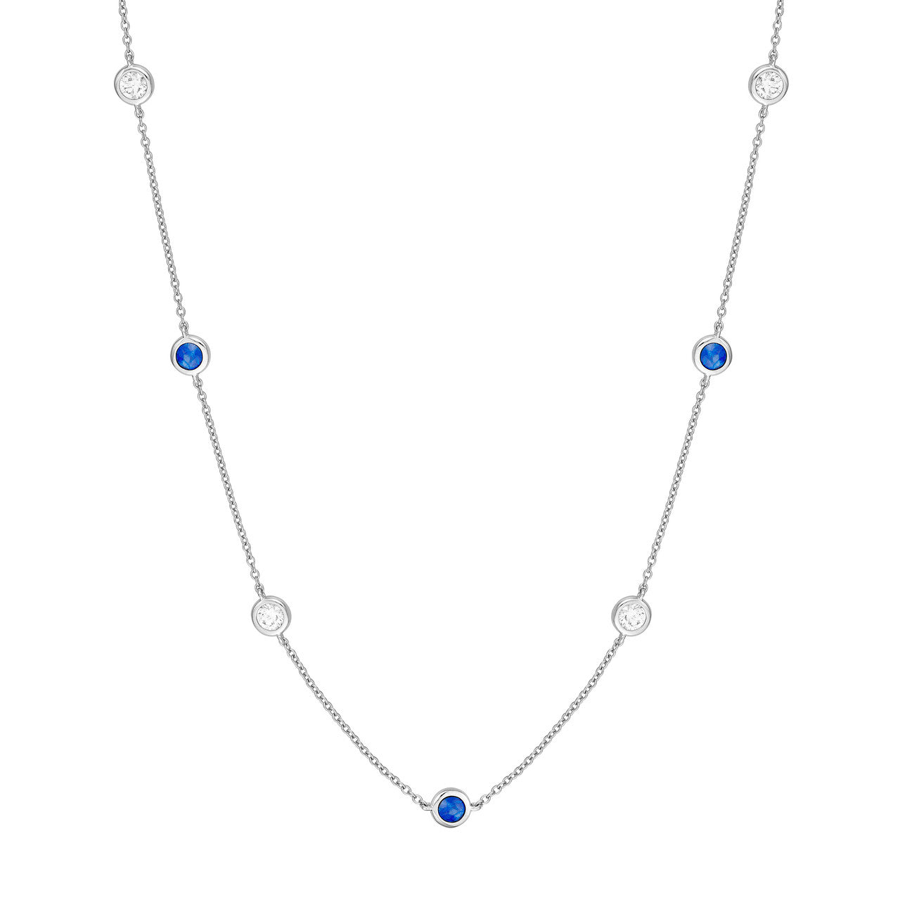.75ctw Sapphire & Diamond Bezel Station 14K White Gold Necklace