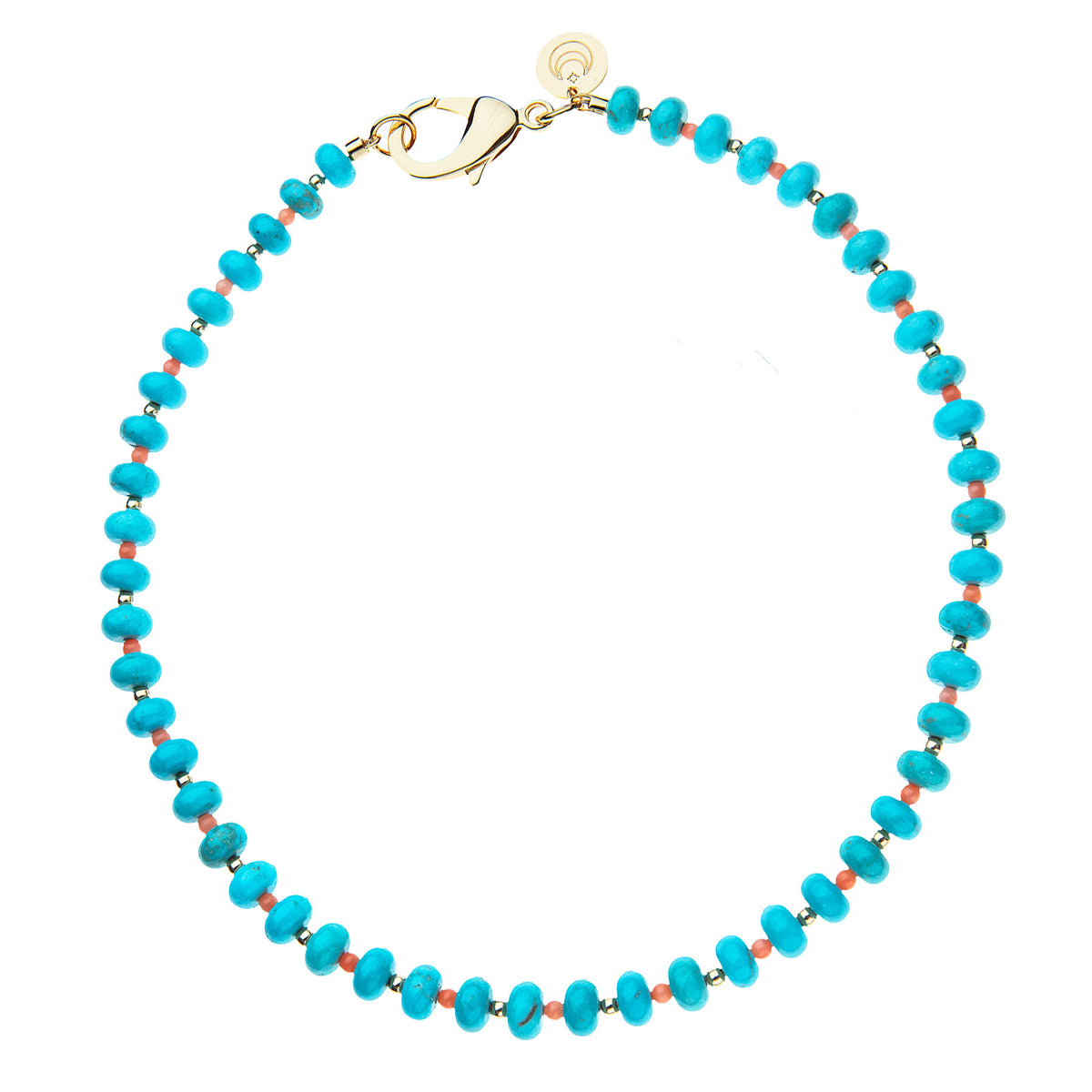 Turquoise beaded bracelet with gold clasp on a white background