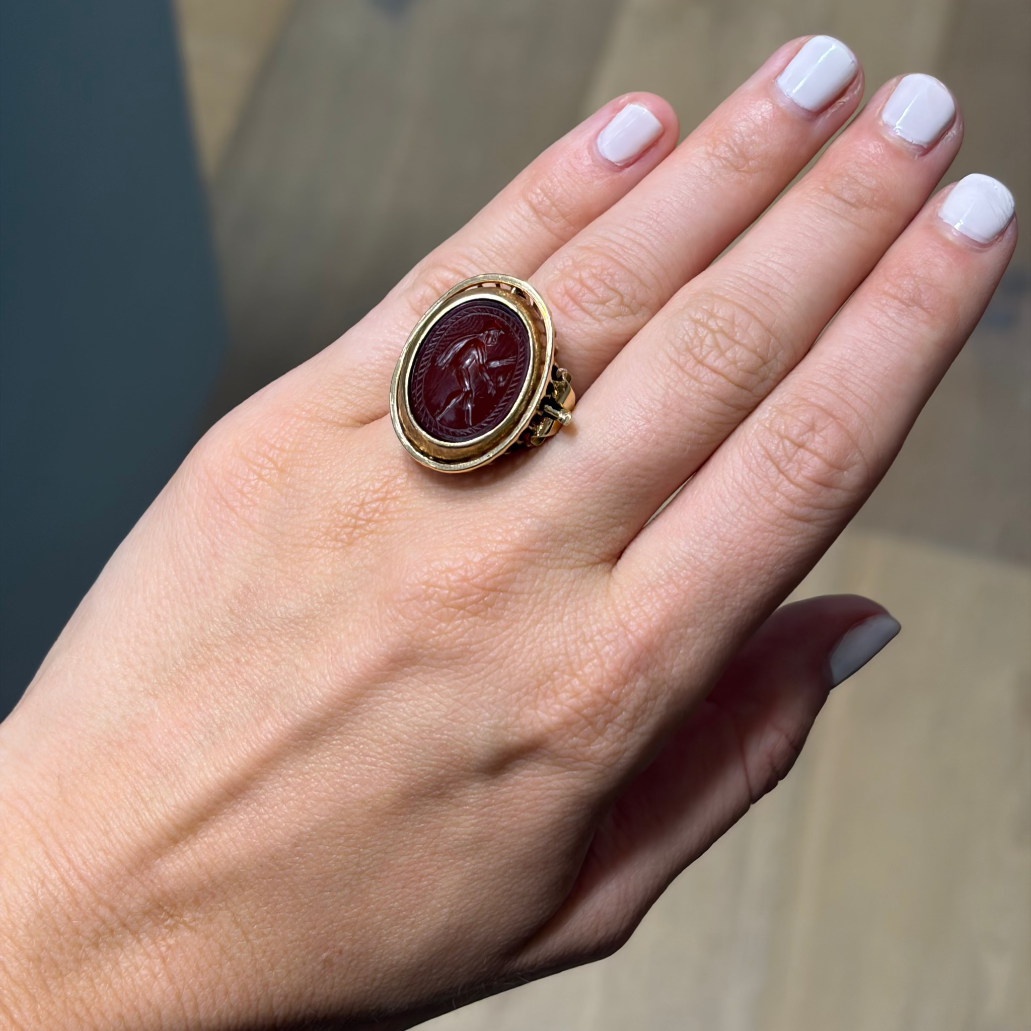 Vintage Carnelian Intaglio & Scarab Swivel 14K Gold Ring