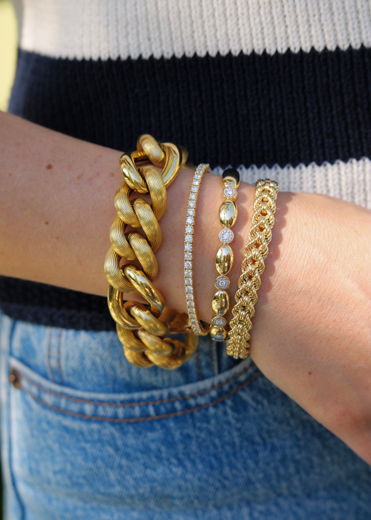 The Mariana Bracelet, 2ctw Diamond 14K Yellow Gold Flexible Tennis Bangle, The Mary Pavé Diamond Station Line Bracelet, The Baby Club Bracelet