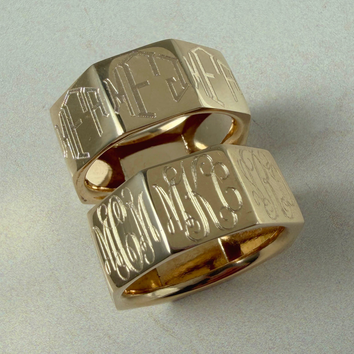 Personalized 14K Gold Family Rings with diamond monogram and interlocking script styles engraved