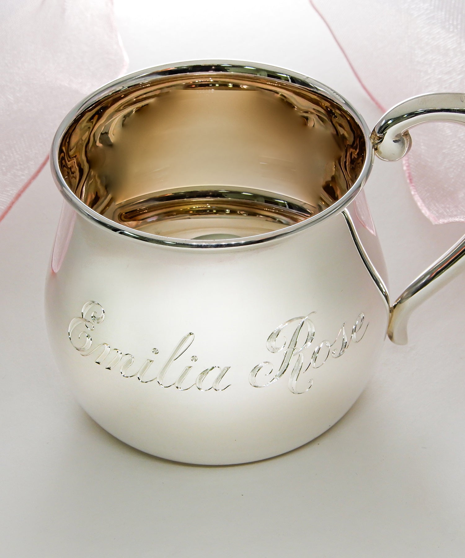hand engraved sterling baby cup script name