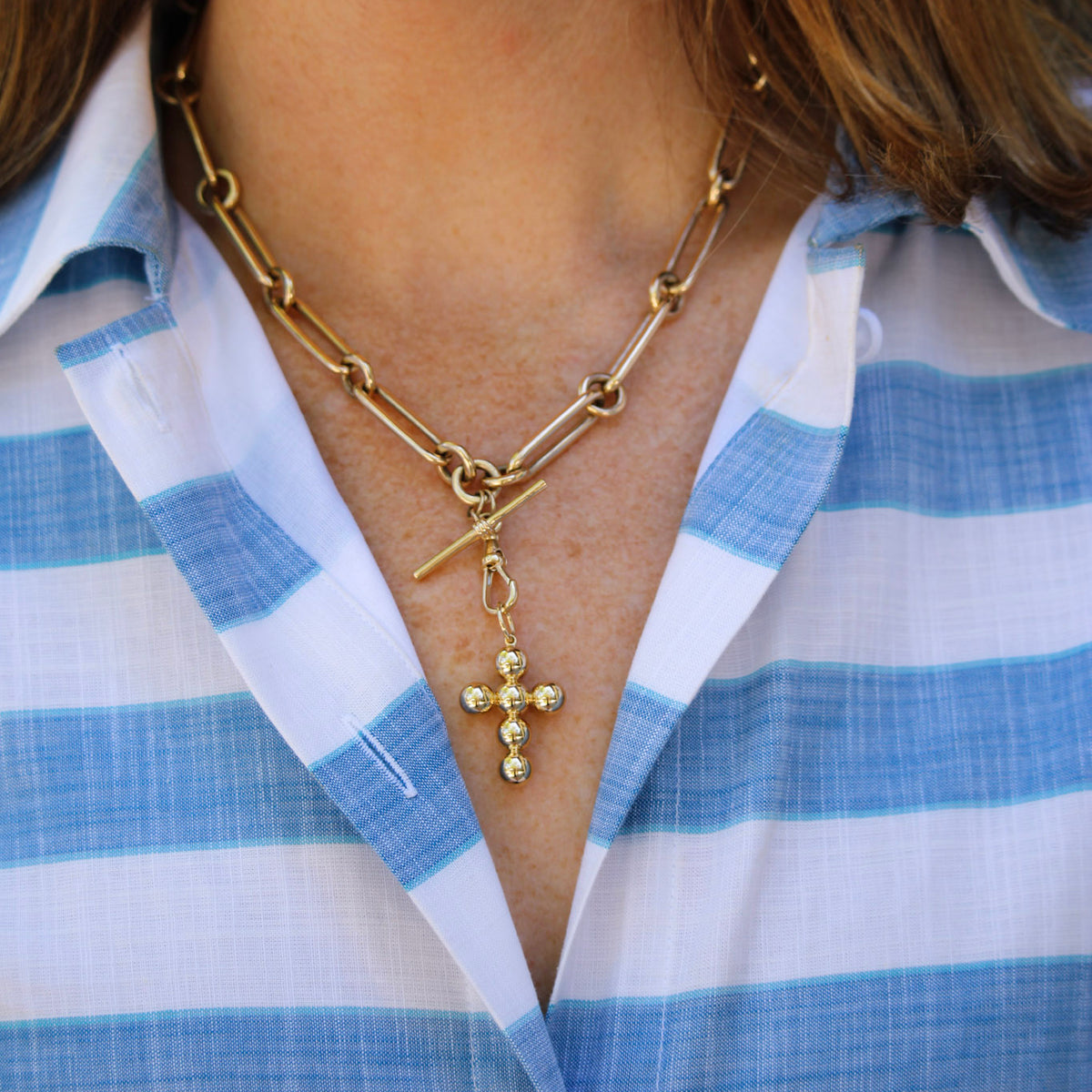 14K Yellow Gold Large Bead Cross Pendant