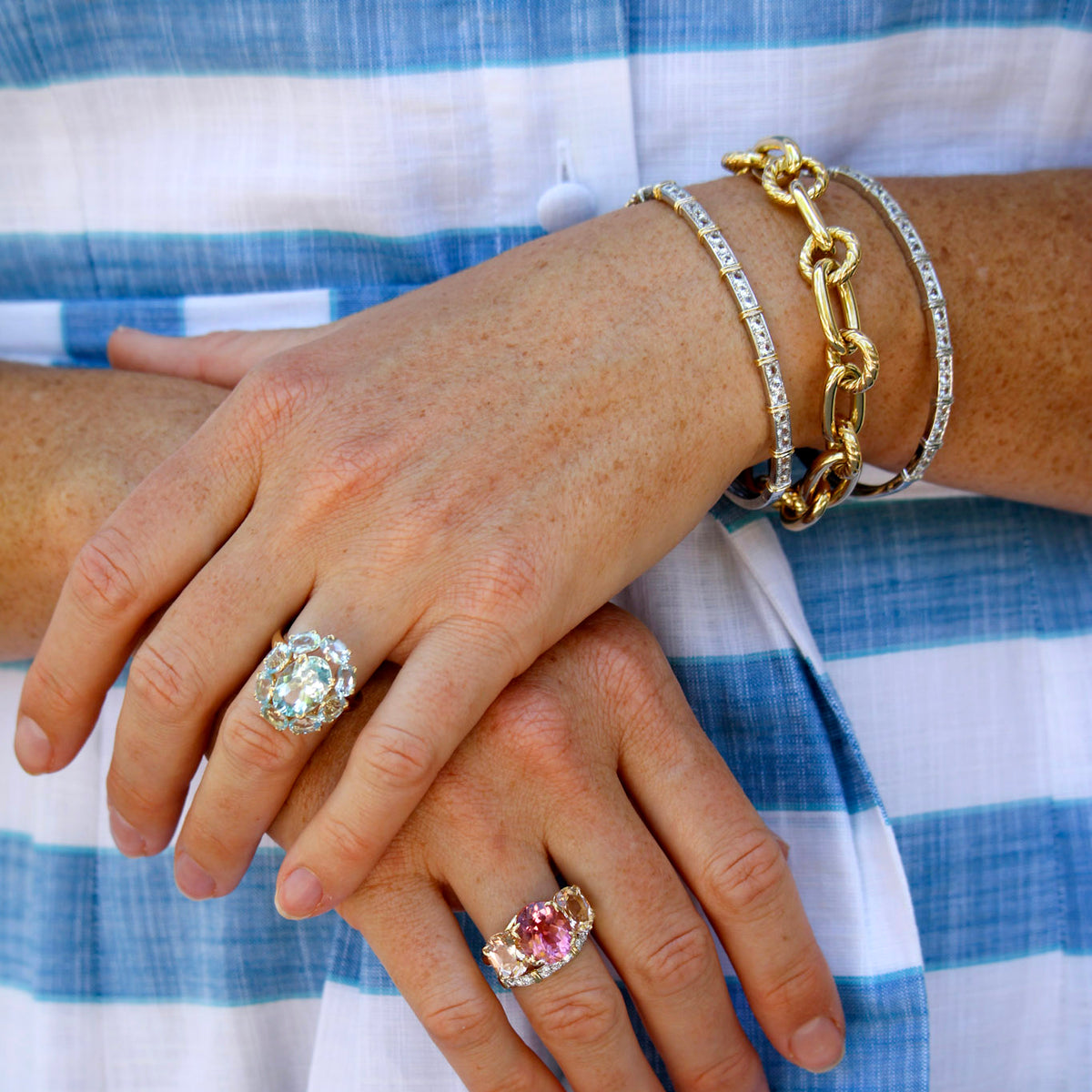 White Sapphire 14K Gold & Sterling Silver Bangles, 14K Yellow Gold Italian Link Bracelet, Pink Tourmaline & Morganite 14K Gold River Ring, Oval Aquamarine 14K Gold Large Cluster River Ring