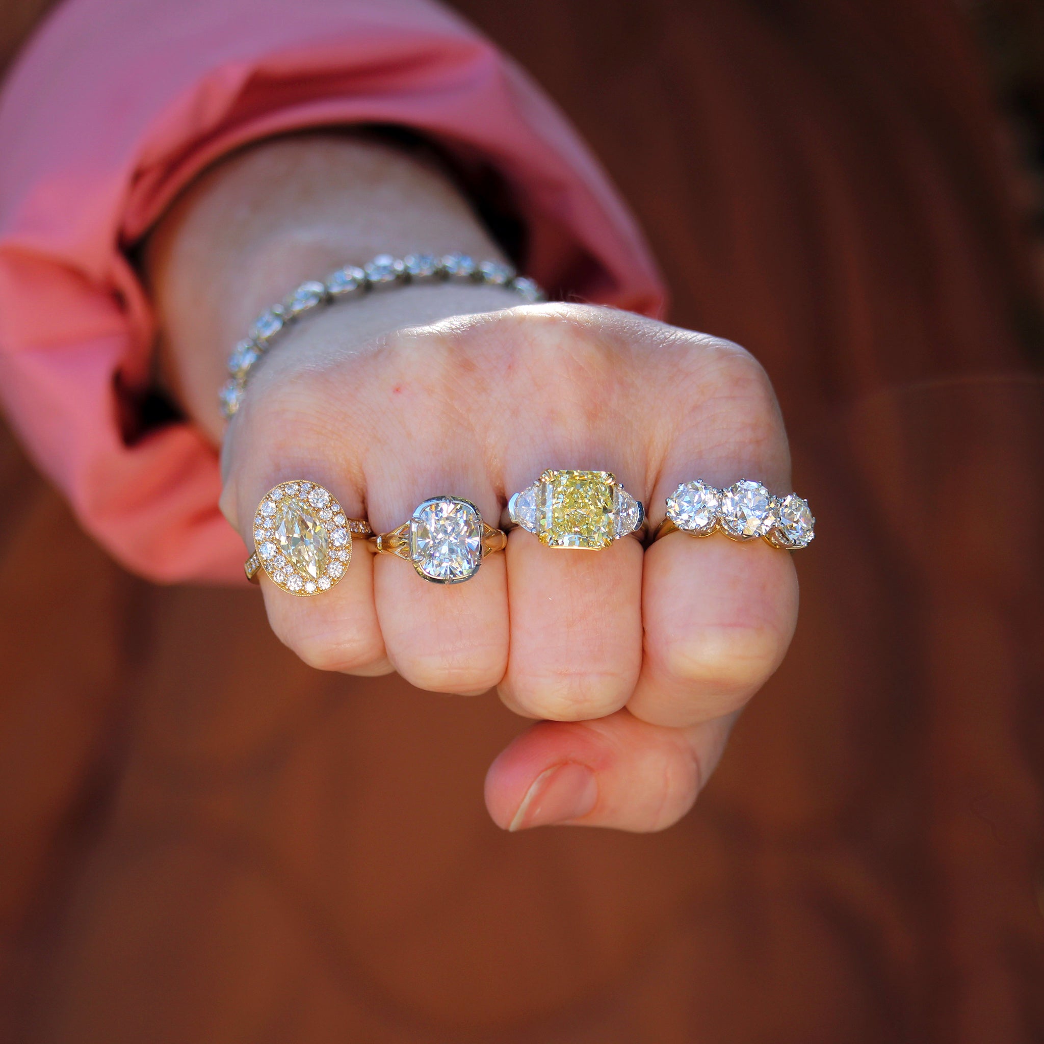 Single Stone Serafina Ring, Old Mine Diamond Solitaire Two-Tone Engagement Ring, Fancy Yellow Diamond Center Three-Stone Engagement Ring