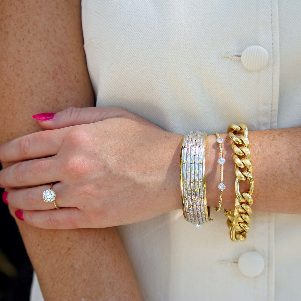 Round Brilliant Diamond Solitaire 14K Yellow Gold River Ring, Sweetgrass Bangle, Diamond Pavé 3-Station 18K Gold Flexible Cuff Bangle, The Mini Mariana Bracelet