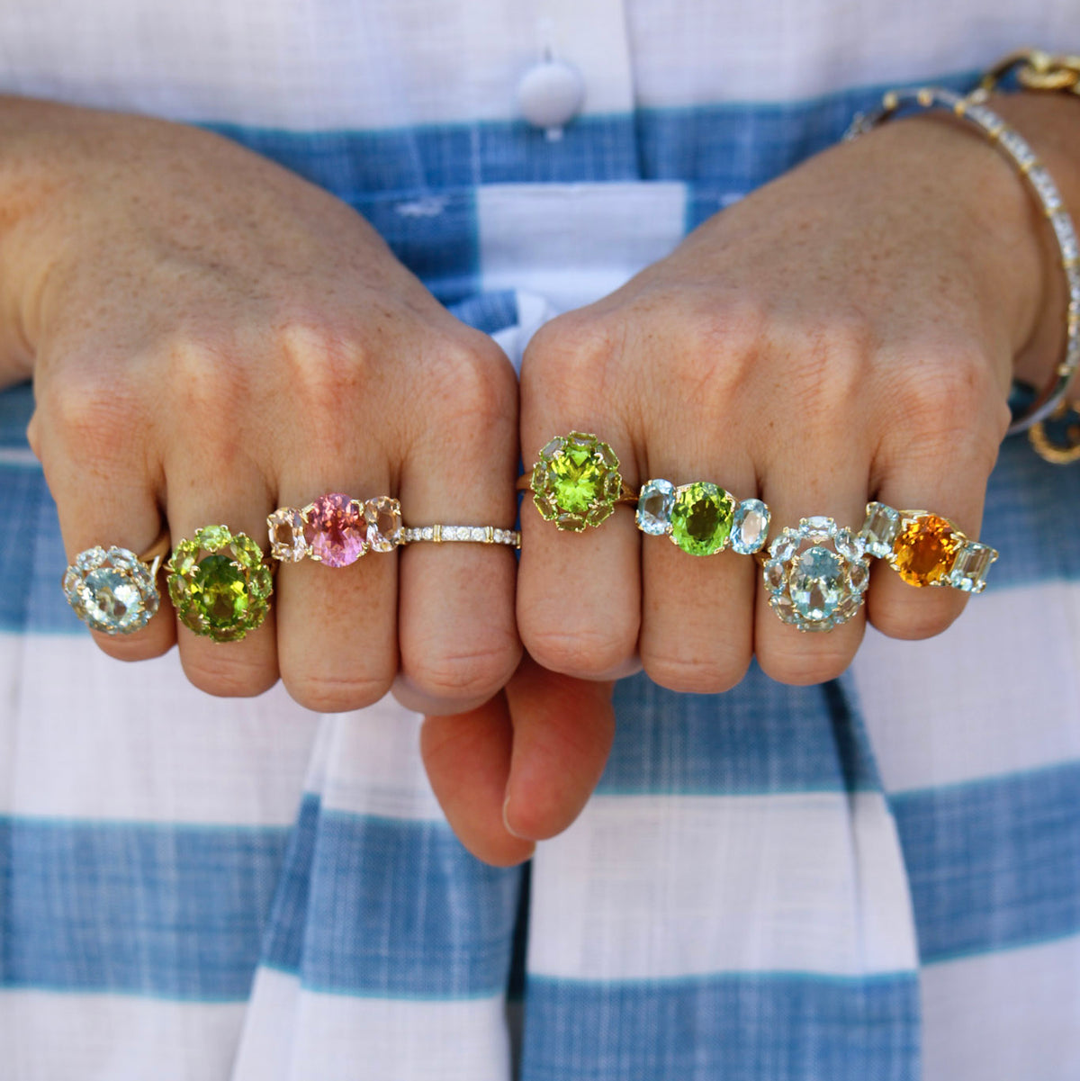 Pink Tourmaline & Morganite 14K Gold River Ring, Green Tourmaline & Blue Topaz 14K Gold River Ring, Oval Peridot 14K Gold Small Cluster River Ring