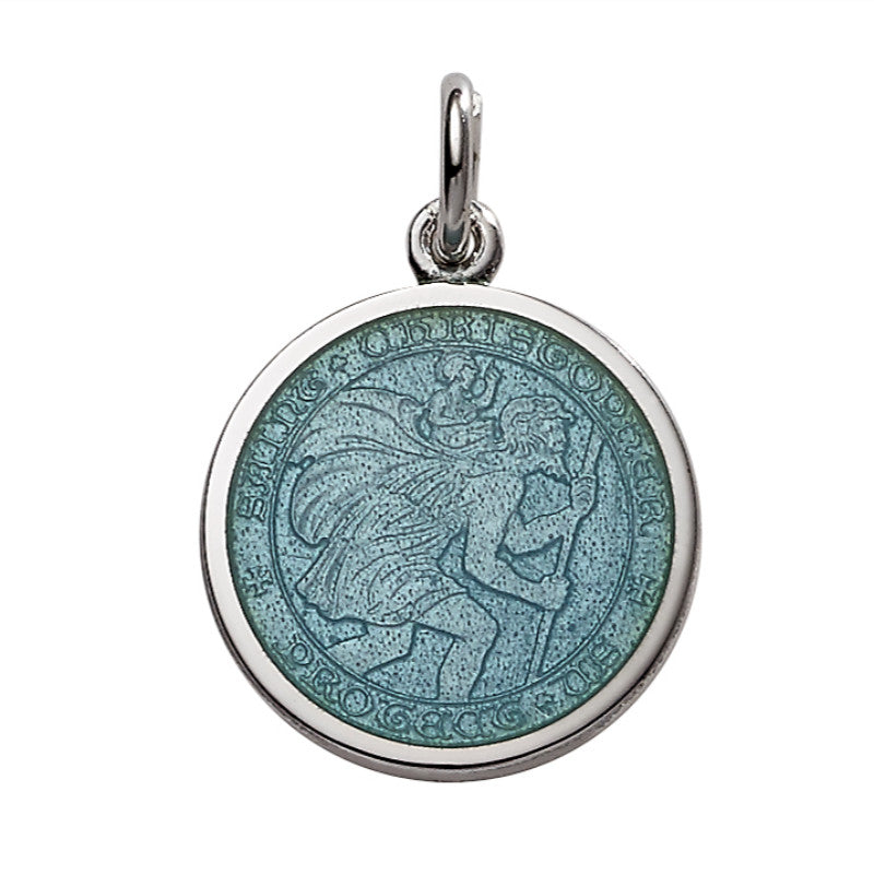 Sterling Silver Light Blue Enamel St. Christopher Medal Pendant 14mm
