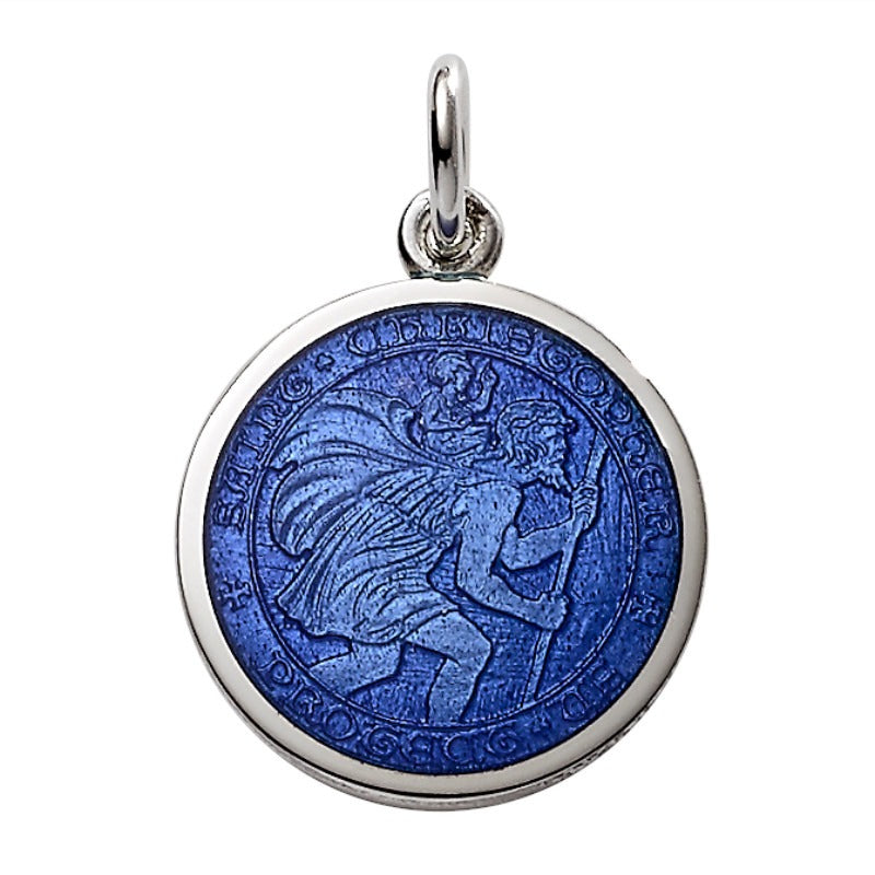 Sterling Silver Enamel St. Christopher Medal Pendant Royal Blue