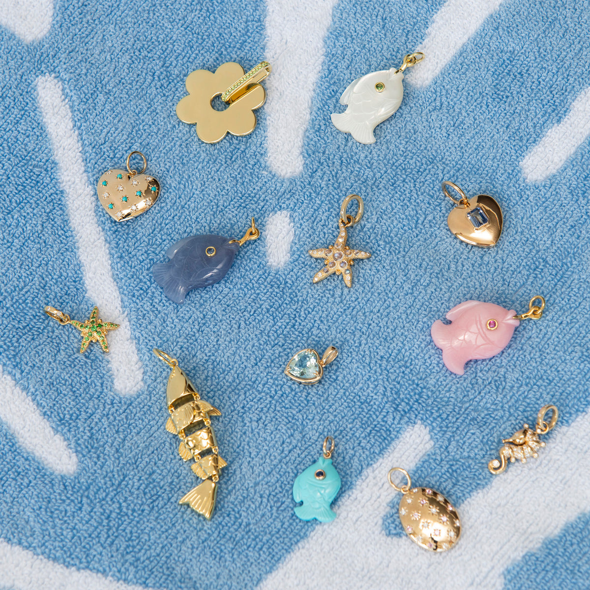 Mazza Turquoise & Blue Sapphire 14K Gold Guppy Fish Pendant, Goldbug Collection Peridot Spinning Daisy Charm, Turquoise & Diamond 14K Yellow Gold Heart Pendant, Aquamarine Heart 14K Gold River Pendant, Temple St. Clair Diamond Seahorse Pendant, Temple St. Clair Small Sea Star Pendant