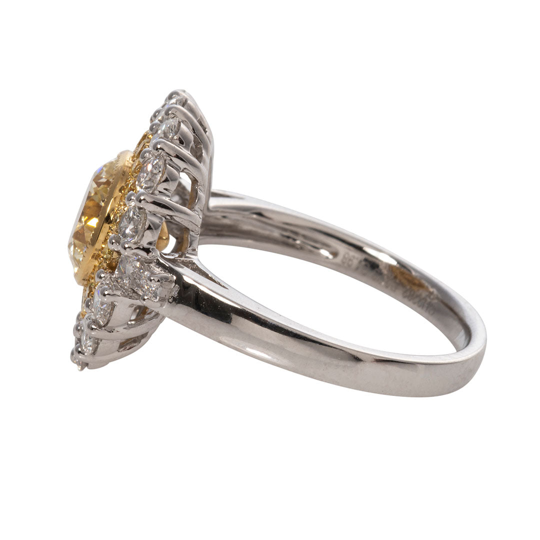 Round Yellow Diamond Double Halo 14K Gold Engagement Ring