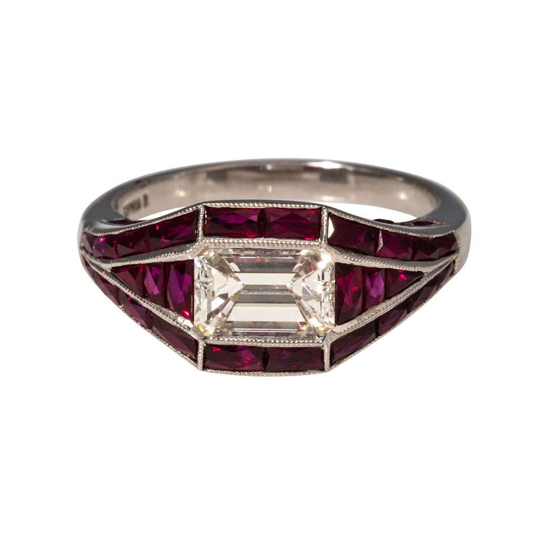 Art Deco Style Diamond & Ruby Platinum Engagement Ring