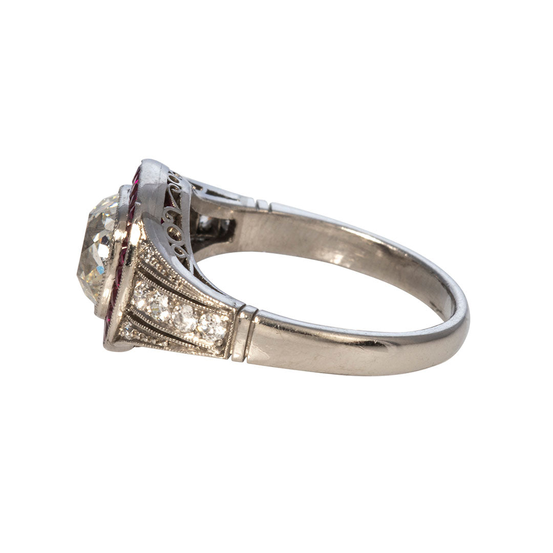 Art Deco 1.61ct Old Mine Cut Diamond & Ruby Platinum Ring