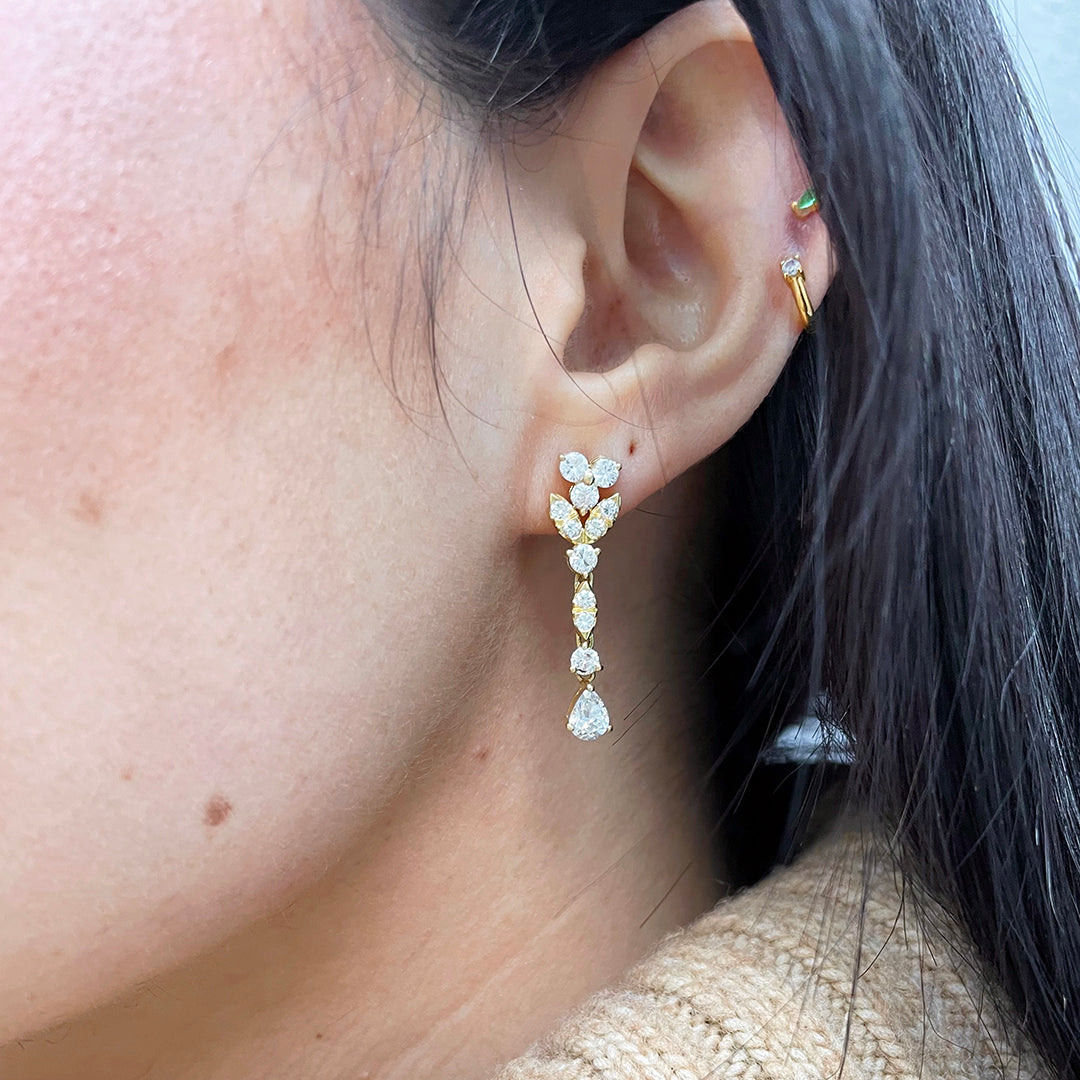 Estate 2ct Diamond 18K Yellow Gold Floral Drop Earrings