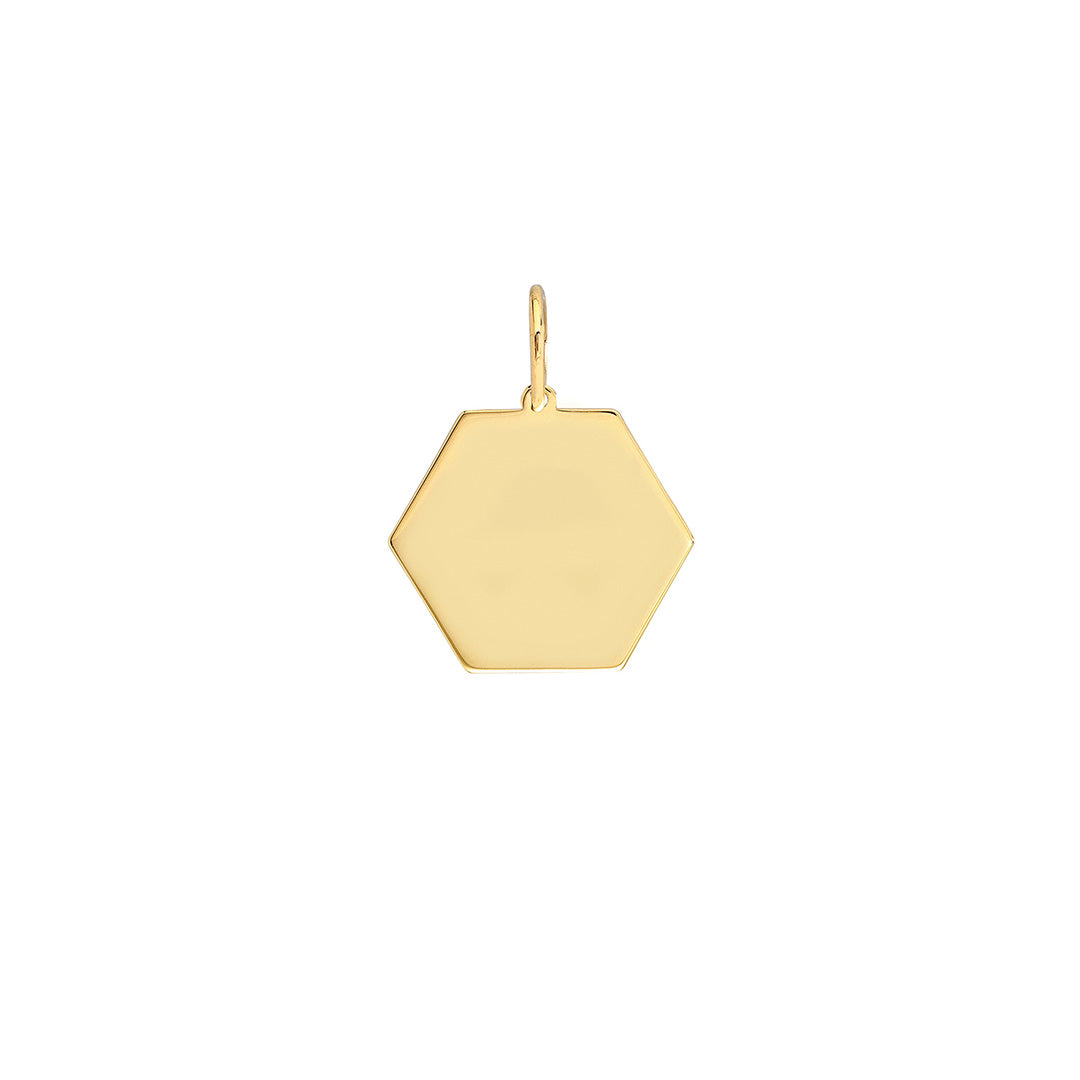 A polished 14K yellow gold hexagon charm or pendant.  Measures: 17mm