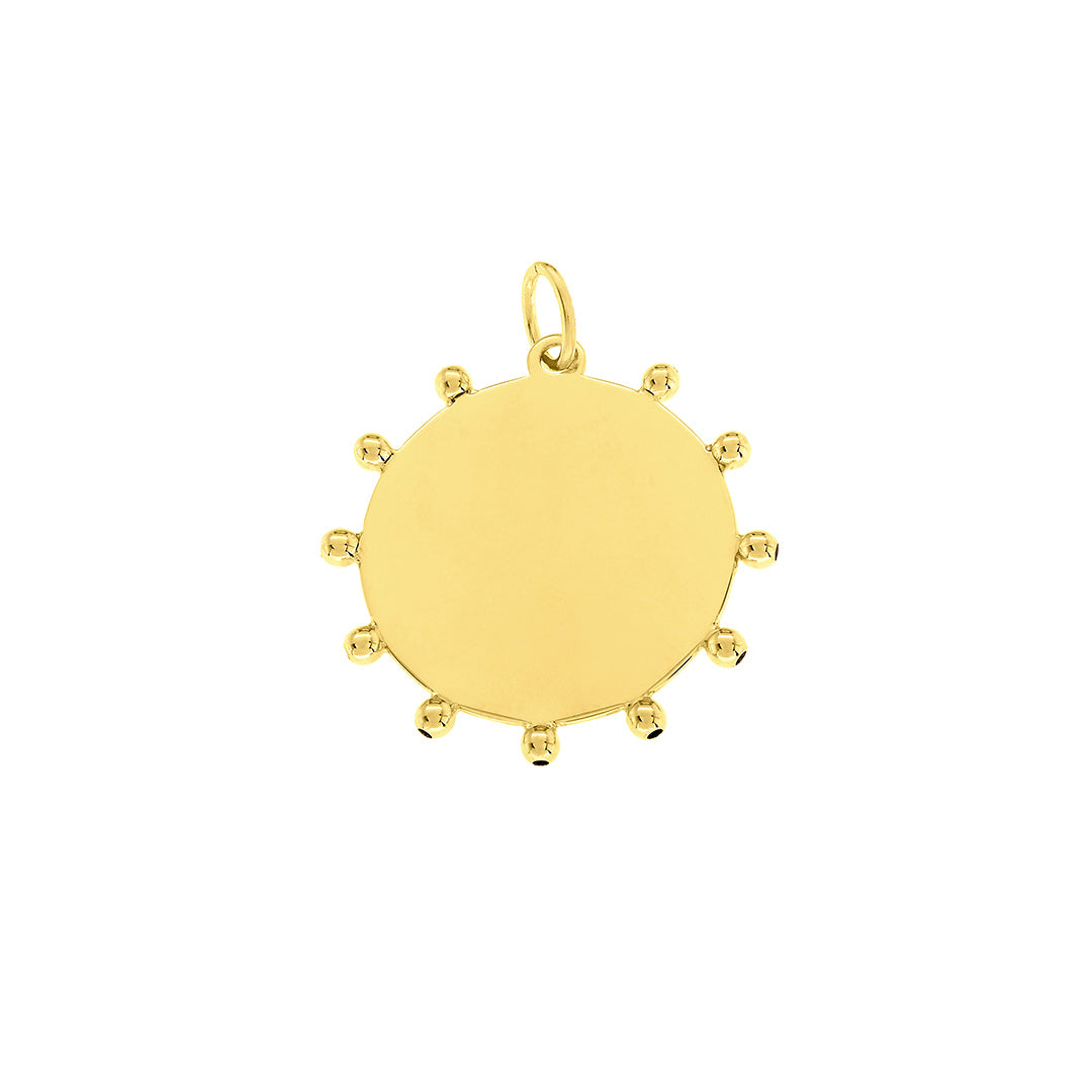 A polished 14K yellow gold disc charm or pendant with surrounding gold bead accents. Diameter: 20mm