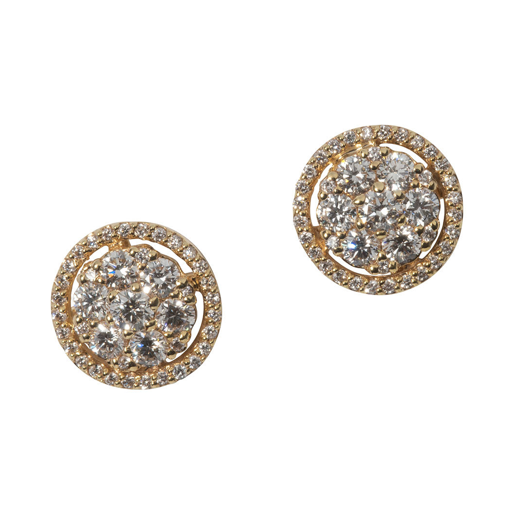.95ct Diamond Cluster Halo 14K Yellow Gold Stud Earrings