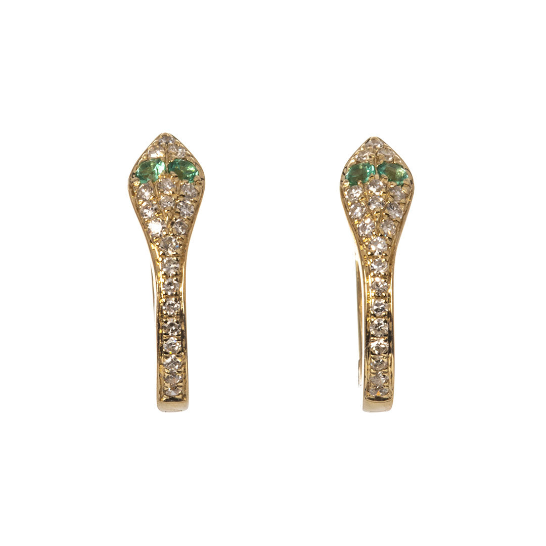 Diamond & Emerald 14K Gold Snake Huggie Earrings