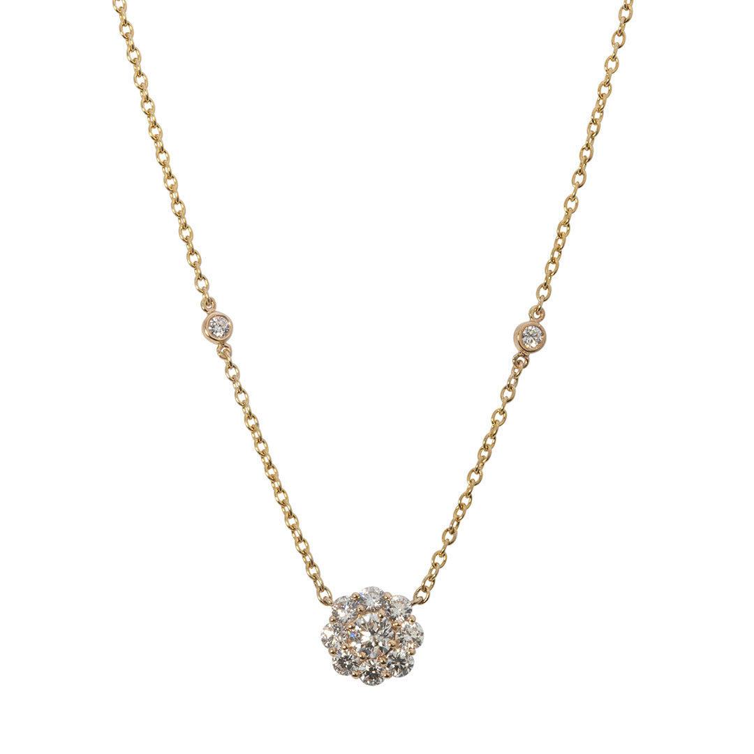 1 Carat Diamond Cluster Pendant 14K Yellow Gold Necklace