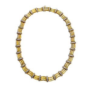 Estate Diamond Two Tone 18K Gold Wavy Link Collar Necklace