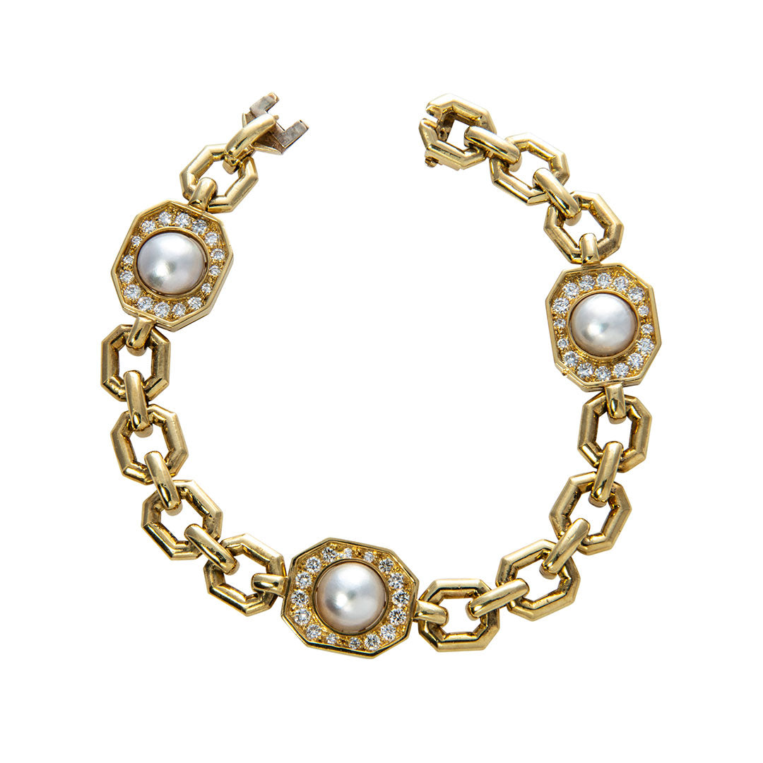 Estate Pearl & Diamond 18K Yellow Gold Link Bracelet