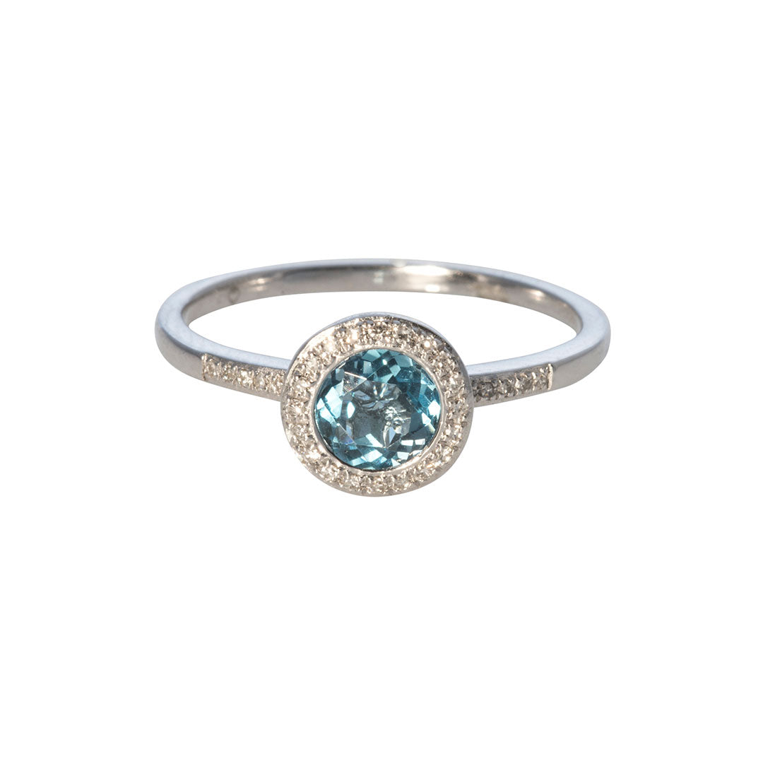 Blue Topaz & Diamond Halo 14K White Gold Ring