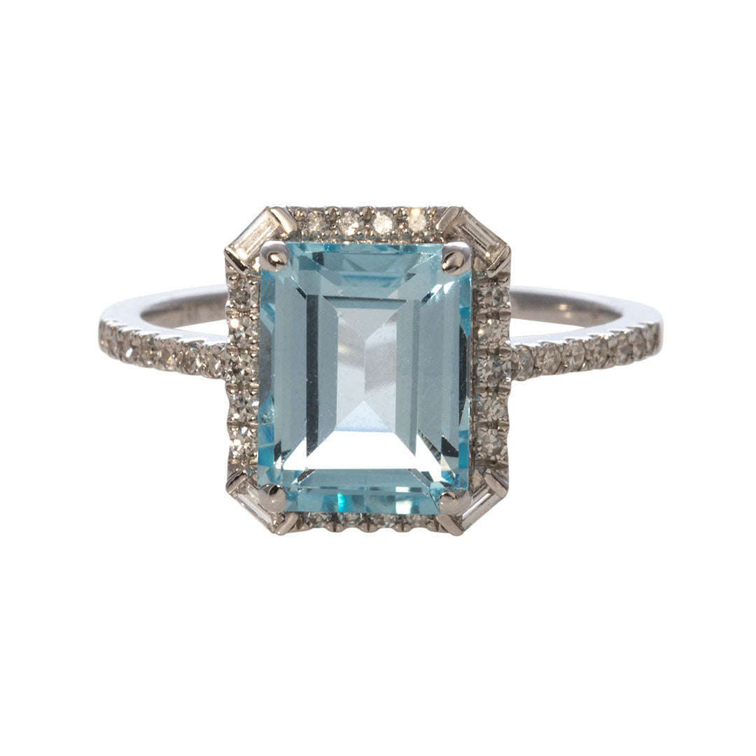 Emerald Cut Blue Topaz & Diamond 14K White Gold Ring