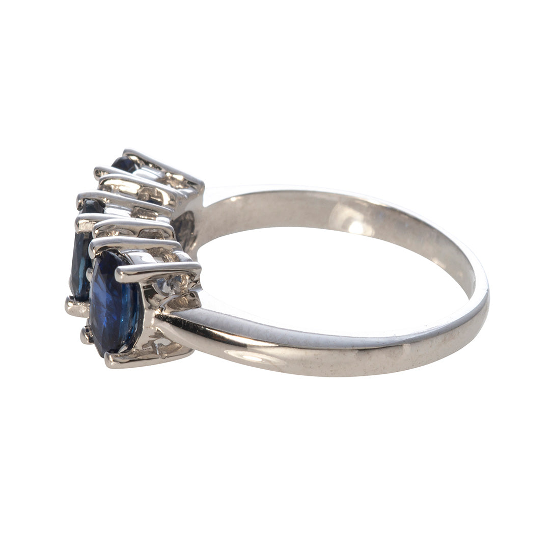 Three Stone Oval Sapphire & Diamond 14K White Gold Ring