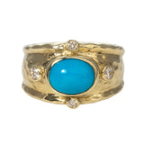 Oval Cabochon Turquoise & Diamond 14K Yellow Gold Cigar Ring