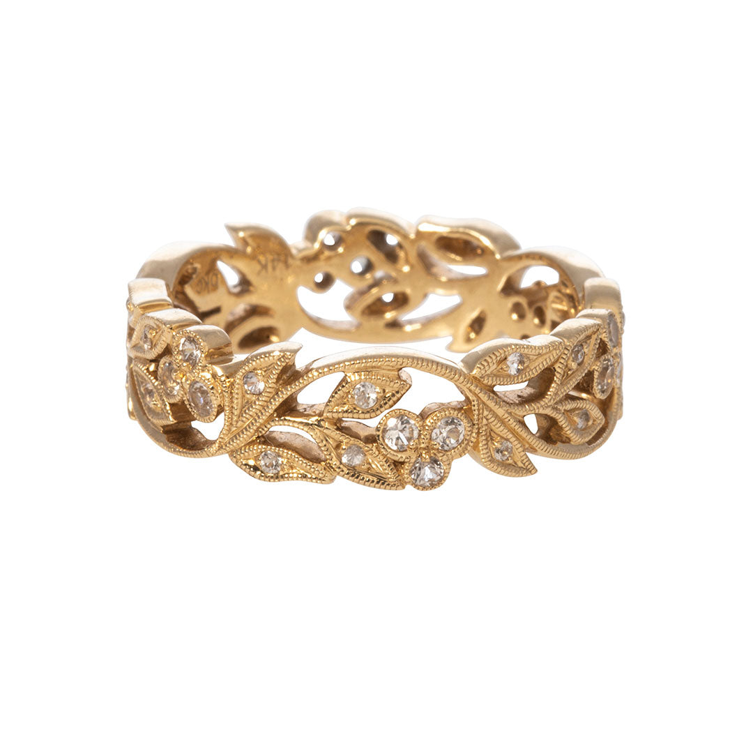 White Sapphire 14K Yellow Gold Floral Eternity Band