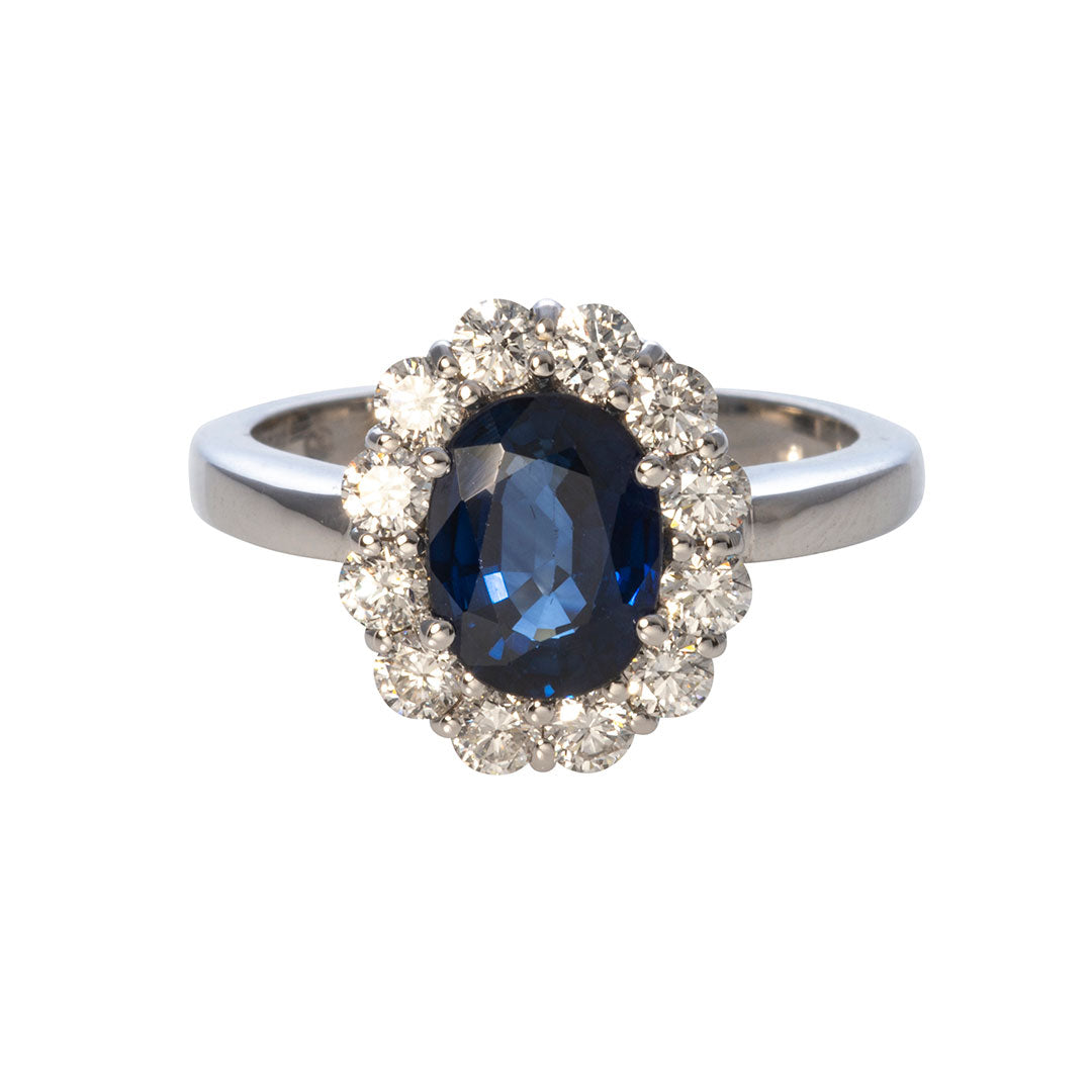 Oval Sapphire & Diamond Halo 18K White Gold Ring