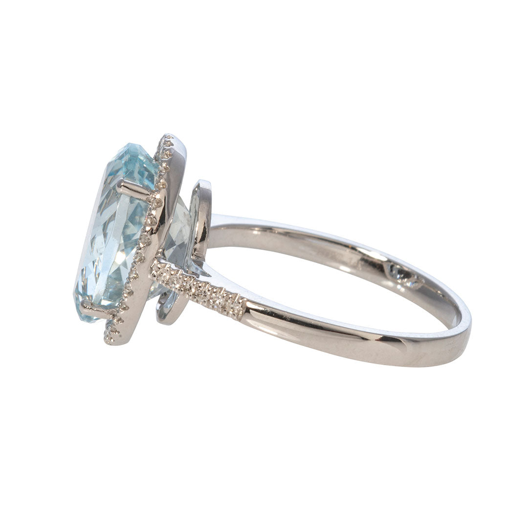 Oval Aquamarine & Diamond Halo 14K White Gold Ring